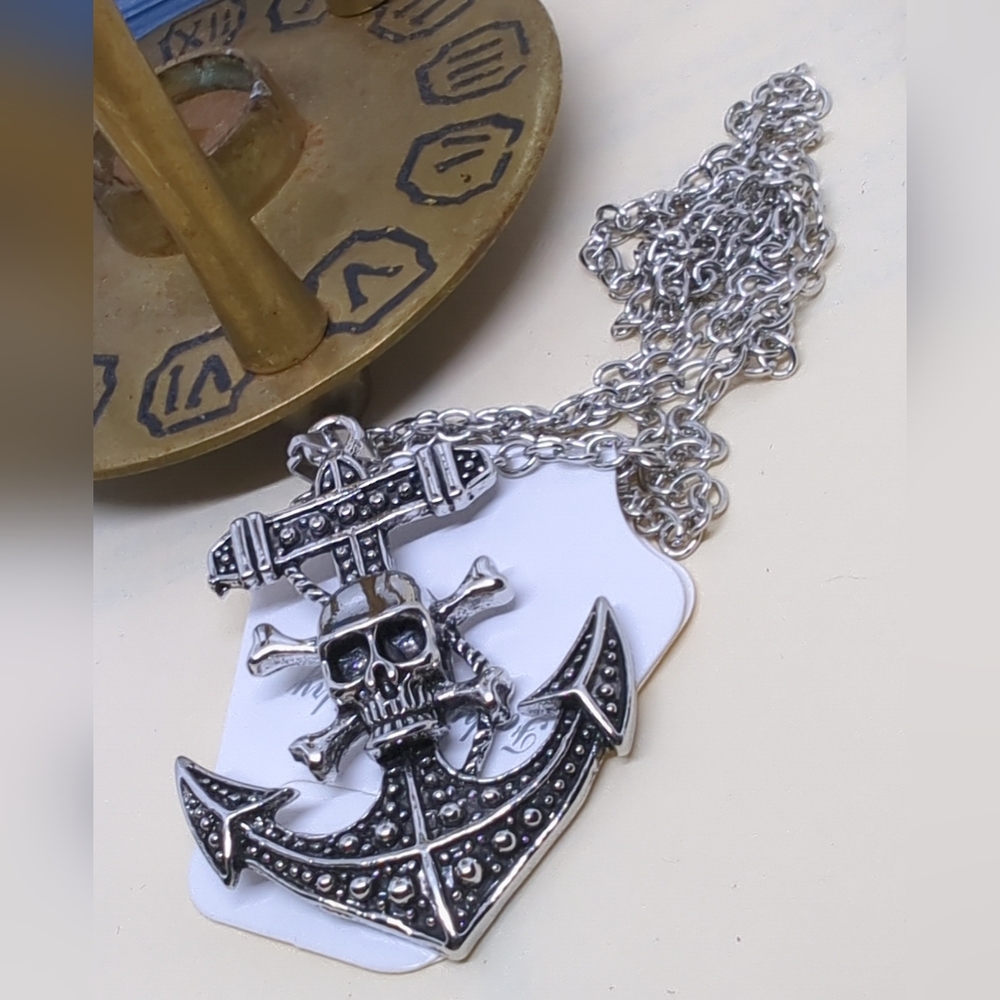 ⚓Anchor w/Skull Pendant Oxidized Gothic Pirate Nautical 20" Chain NWT